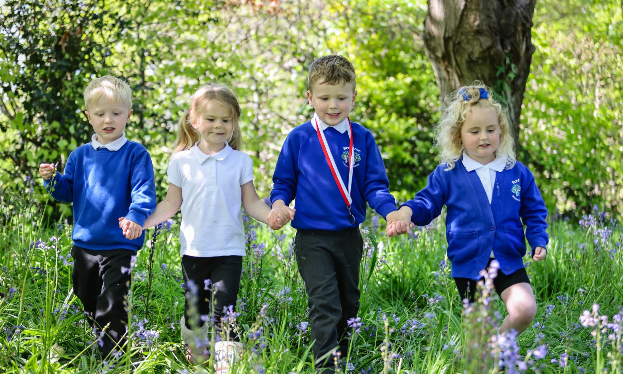 Four students holding hands in the woods